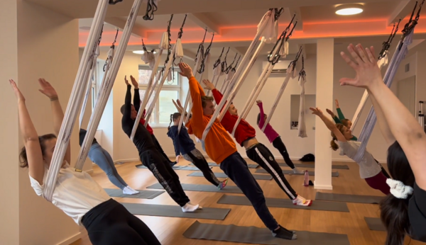 Etudiants en train de pratiquer le gravity yoga los de la sortie pédagogique chez Yogamoves